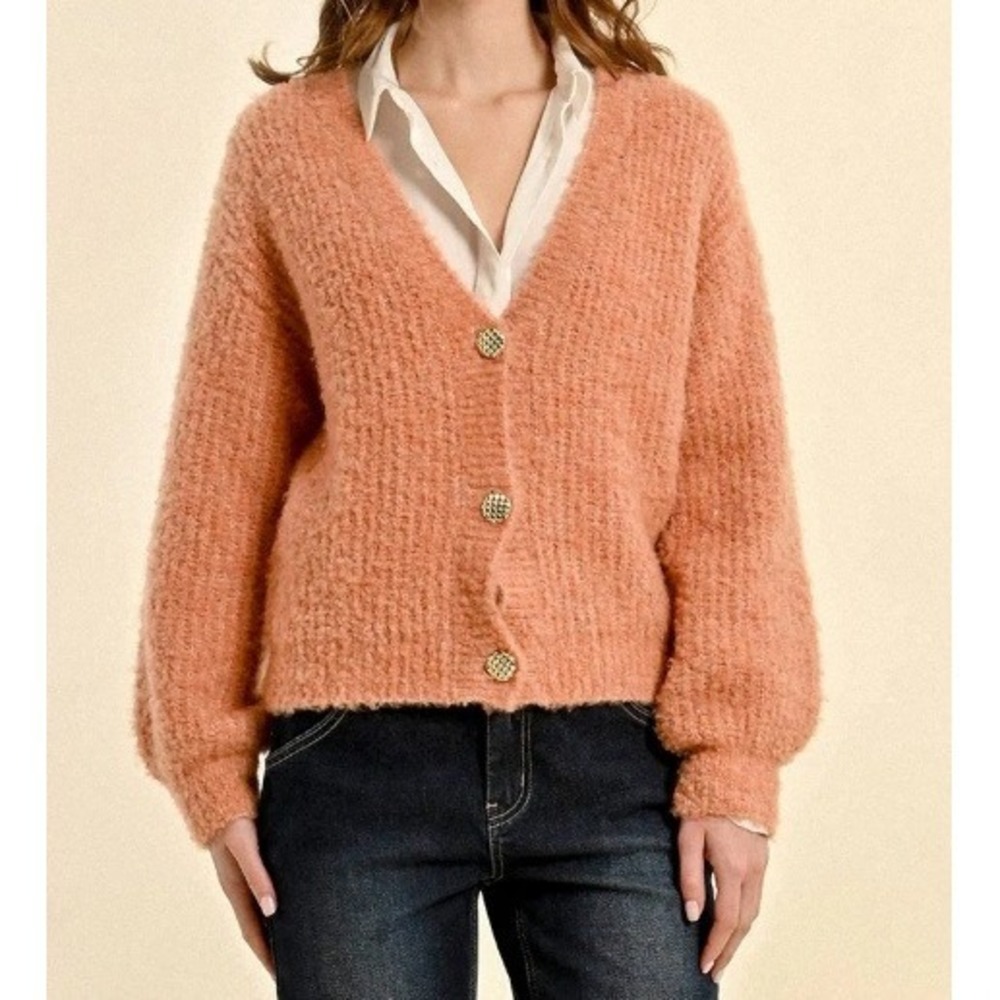 Molly Bracken Fuzzy Boucle Cardigan Sweater Womens M Peach Orange V-Neck Cozy